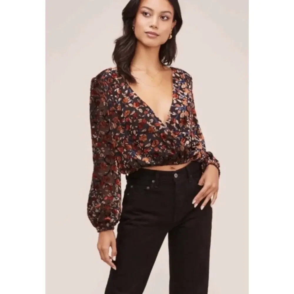 ASTR the Label Top Womens Sz XS Velvet Burnout Boho Whimsigoth Surplice Blouse - Picture 7 of 10